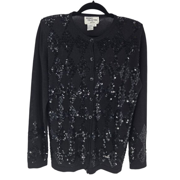 Regency collection for Joyce VTG Medium black sequin button up cardigan sweater - Picture 1 of 8